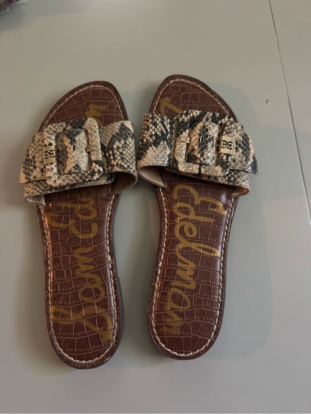 Sam Edelman Brown and Cream Snakeskin-Print Slide Sandals